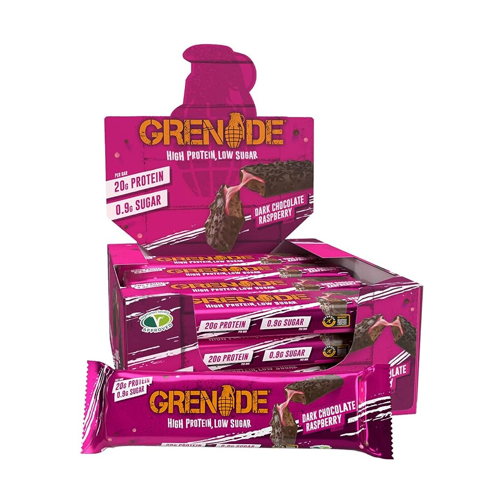 Grenade High Protein, Low Sugar Bar - Dark Chocolate Raspberry, 12 x 60 g