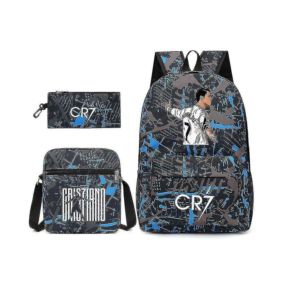 (Huahua 3, Shoulder bag pencil case) Football Star C Ronaldo Cr7 Printed Backpack Around The Student Three-piece Backpack.