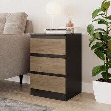 (Black & Oak) 3 Drawer Skagen High Wooden Bedroom Chest Cabinet No Handle Drawer Storage