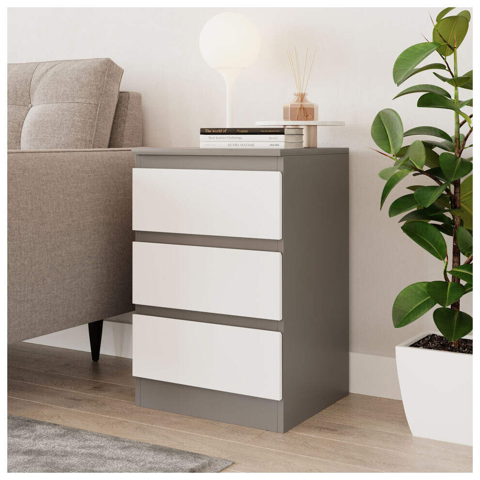 (Grey & White) 3 Drawer Skagen High Wooden Bedroom Chest Cabinet No Handle Drawer Storage