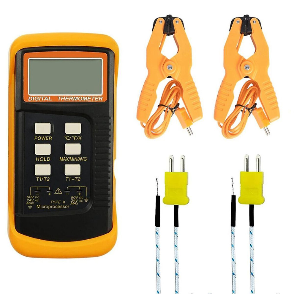Digital K Type Thermocouple Thermometer(-50-1300c) Dual Channel, 2 Thermometer Pipe Clamp And 2 Sensor Probes