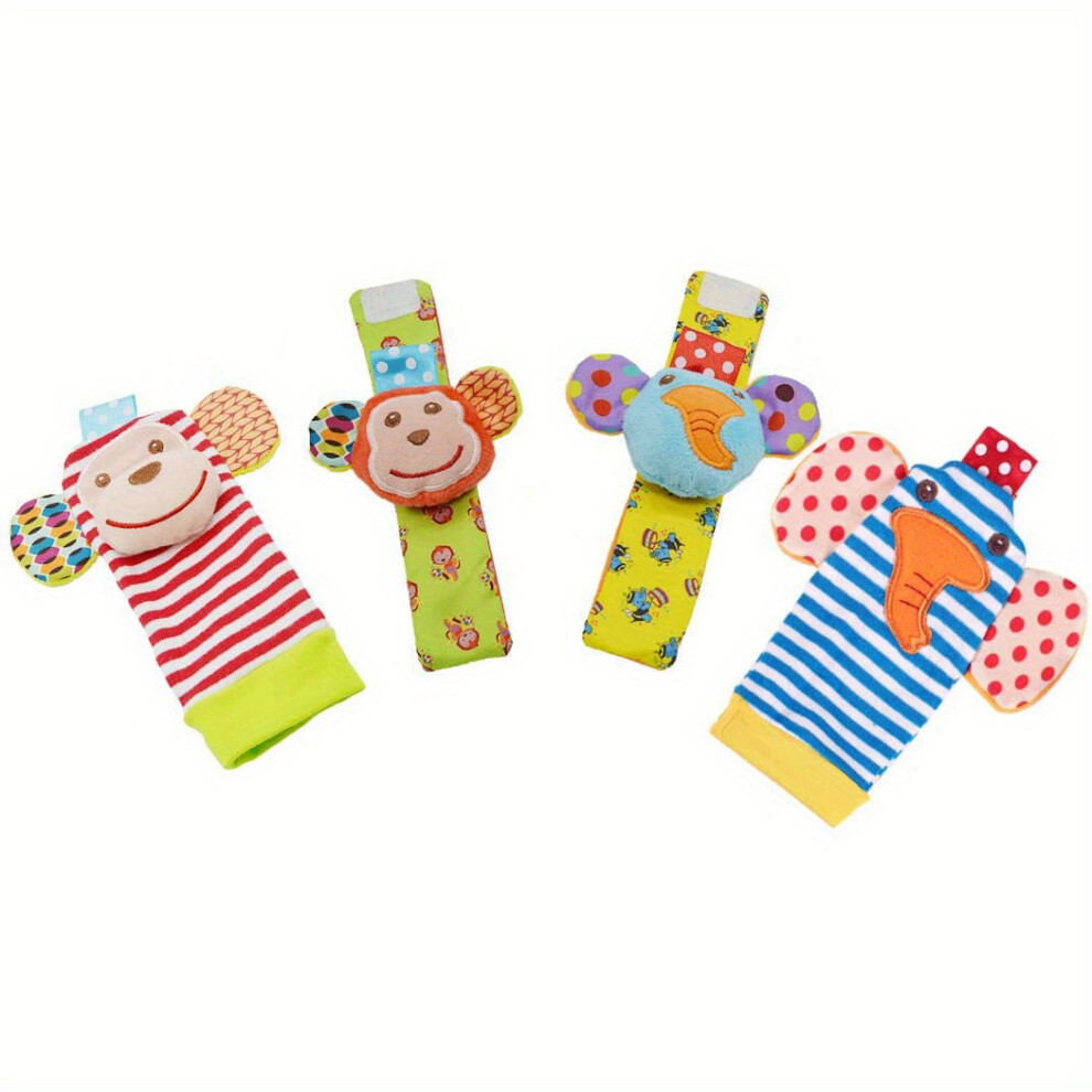 Srj Star (Monkey Elephant) 4Pairs Baby Wrist Rattles Sock Toys, Newborn Baby Sock Toys