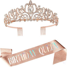 (Rose gold) Ladies Birthday Party Queen Tiara and Sash Crystal Crown Headband Shoulder Strap