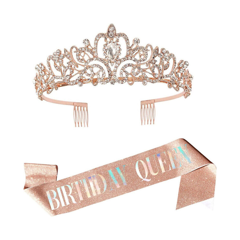 (Rose gold) Ladies Birthday Party Queen Tiara and Sash Crystal Crown Headband Shoulder Strap-image-OPC-PDNP2DY-NEW
