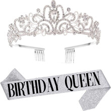 (Silver) Ladies Birthday Party Queen Tiara and Sash Crystal Crown Headband Shoulder Strap