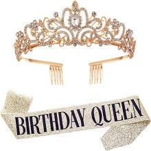 (Gold) Ladies Birthday Party Queen Tiara and Sash Crystal Crown Headband Shoulder Strap
