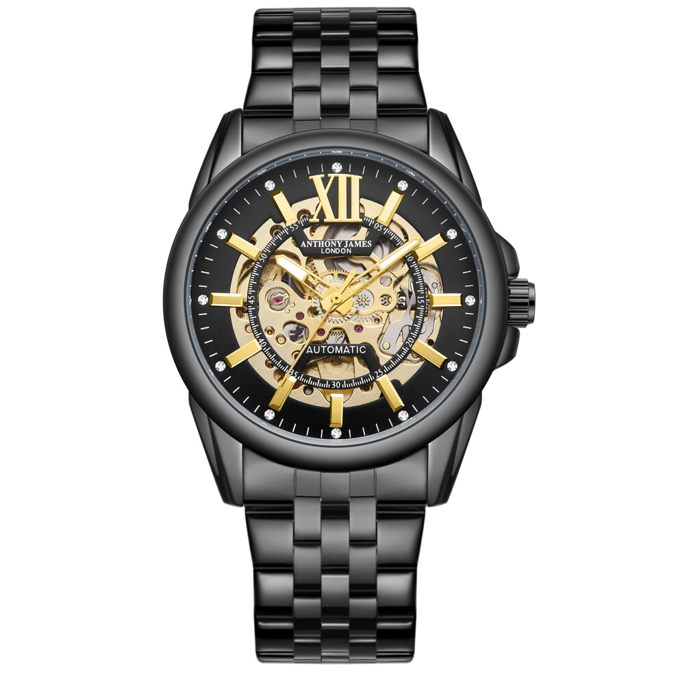 Automatic Movement Skeleton Anthony James Men's Luxury Black Watch