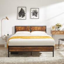 VECELO Double Bed Frame For Bedroom Wood Pine Headboard