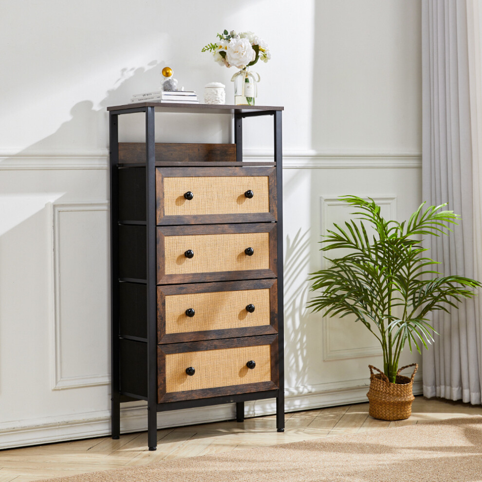 4-Drawer Rustic Rattan Storage Cabinet with Display Shelf