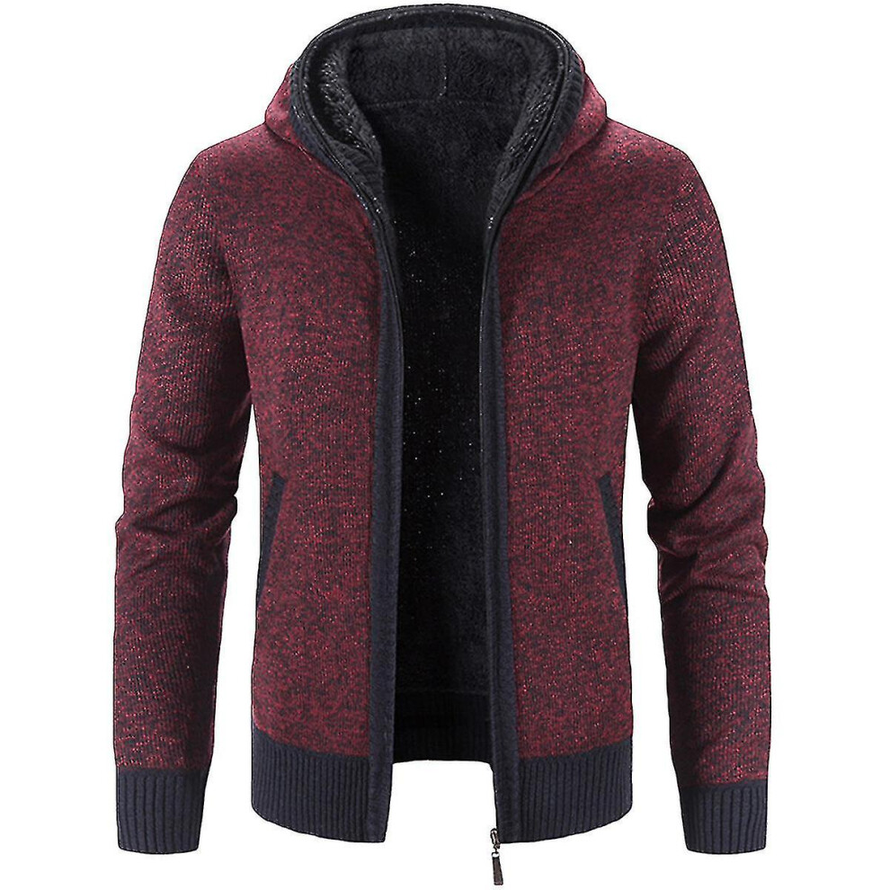 (Wine red, L) Mens Winter Hooded Thick Cardigan Fleece Lined Knit Sweater