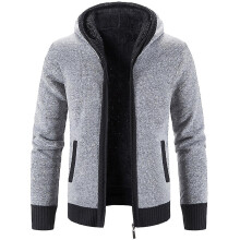 (Light Grey, M) Mens Winter Hooded Thick Cardigan Fleece Lined Knit Sweater