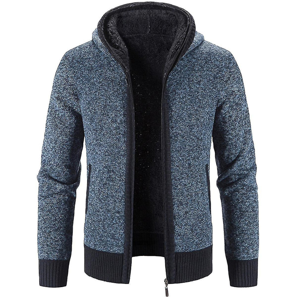(Blue, L) Mens Winter Hooded Thick Cardigan Fleece Lined Knit Sweater