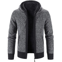 (Dark Grey, L) Mens Winter Hooded Thick Cardigan Fleece Lined Knit Sweater