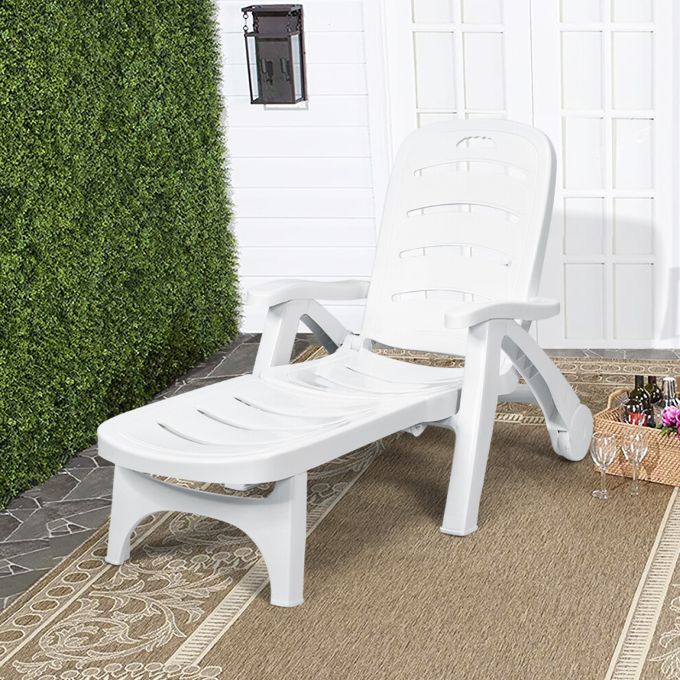 Outdoor Folding Sun Lounger Adjustable Chaise Recliner W/ Wheels