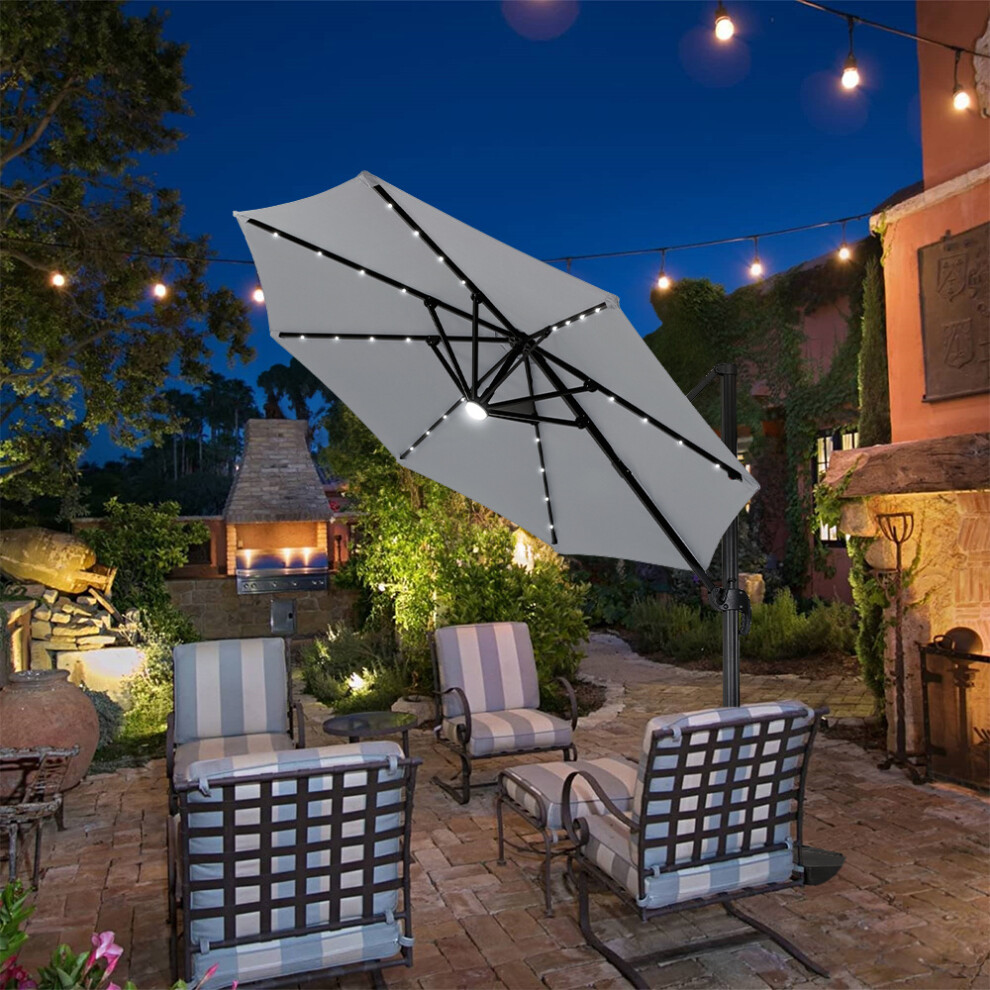 3m Aluminium Garden Cantilever Parasol with 360 Degree Rotation Solar LED Outdoor Patio Round Umbrella for Backyard
