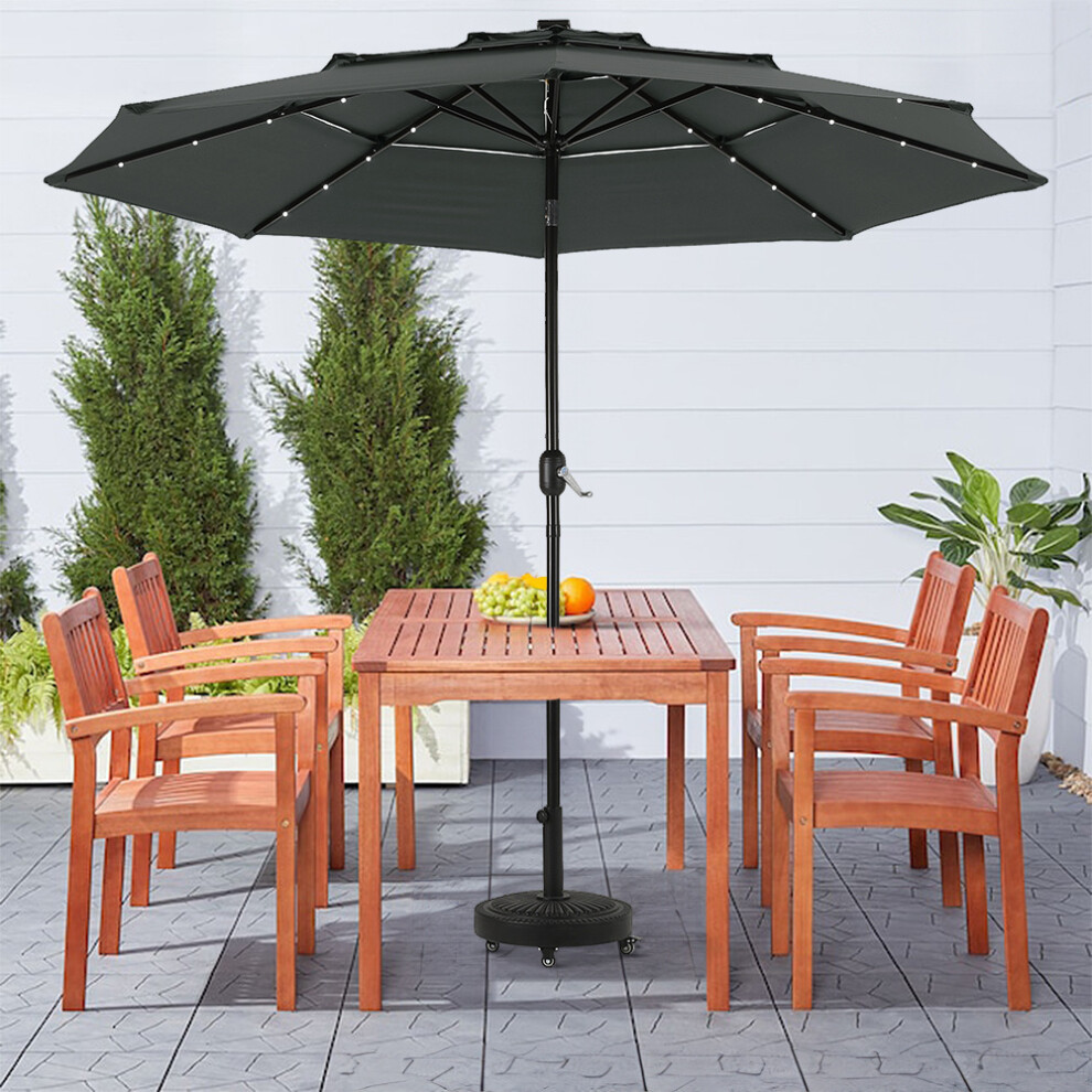 3m Garden Metal Parasol with Solar Lights 3 Tier Patio Umbrella with Mobile Base Patio Deck Porch Poolside