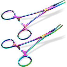 Wabjtam 2 Pieces Hemostat Curved And Straight Hemostat Forceps Piercing Pliers Multi Color Rainbow Forceps, 5.5 Inch Stainless Steel Straight And Curv