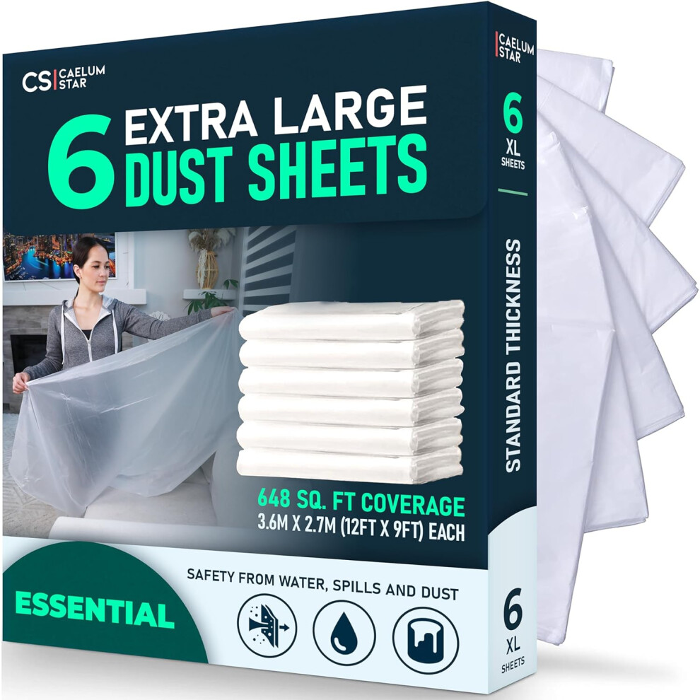 CS 6 Pack Extra Large Plastic Dust Sheets for Decorating 3.6 x 2.7m (12 x 9ft), Light Dust Sheet for Painting & Furniture, Plastic Sheet