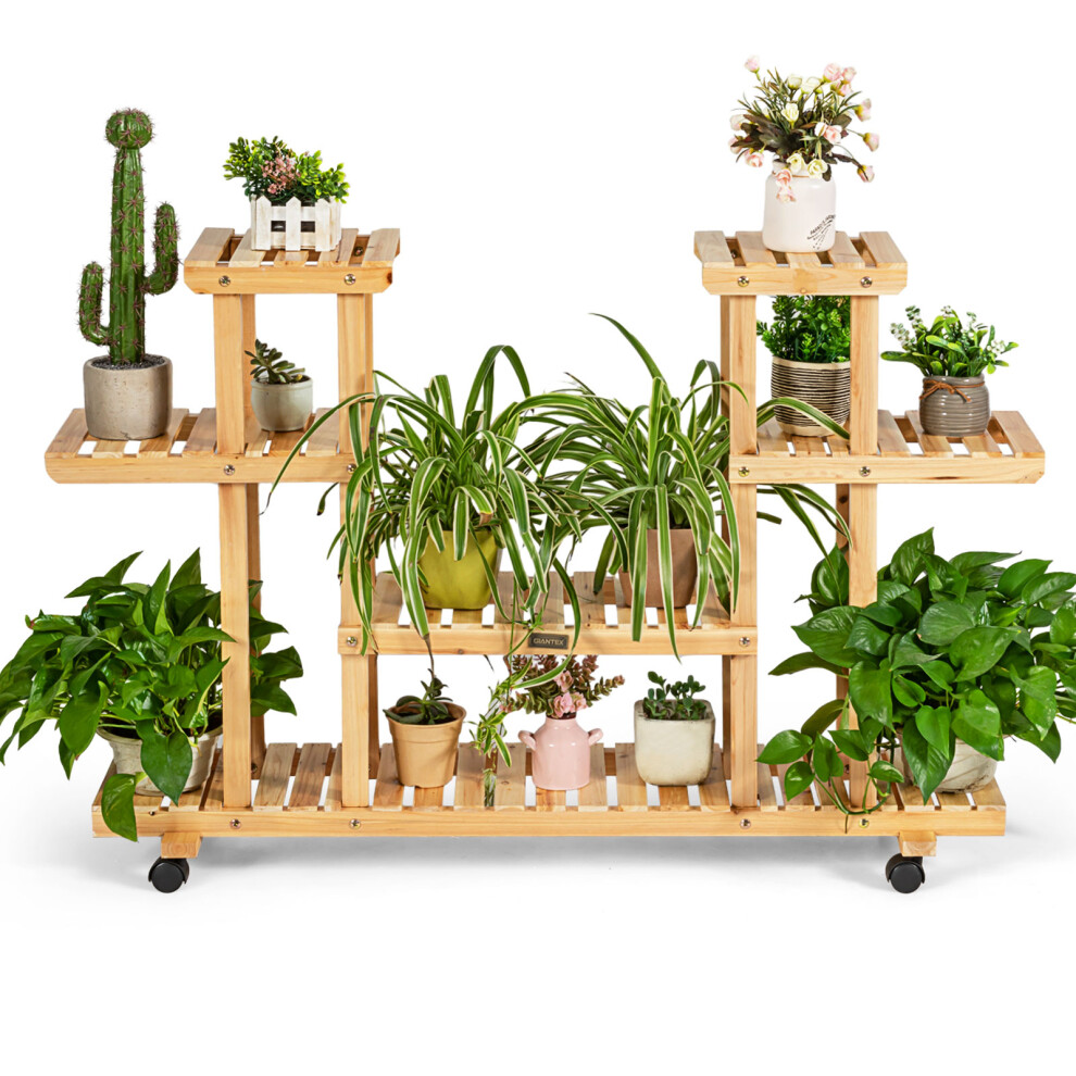 Wooden 4-Tier Flower Plant Stand Symmetric Flower Pot Shelf 4 Wheels