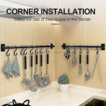 (With 5 Hooks, Black 80cm) Kitchen Hanging Rack With Hooks Wall Mounted Holder Space Aluminum Single Rod Bar Easy Storage Rack