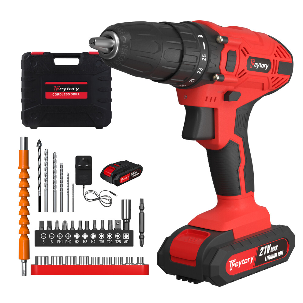 (Red, with 2 Batteries) Cordless Electric Drill Driver 21V with 29pcs Accessories and Carry Case