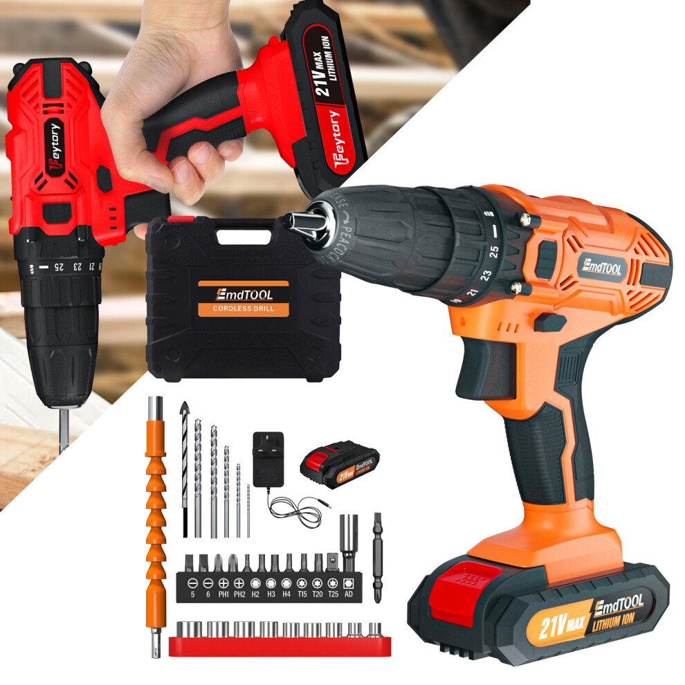 (Orange with1 Battery) 21V Cordless Drill Set Electric Impact Driver Screwdriver 25+1 Torque Setting with 29pcs Accessory and Carry Case