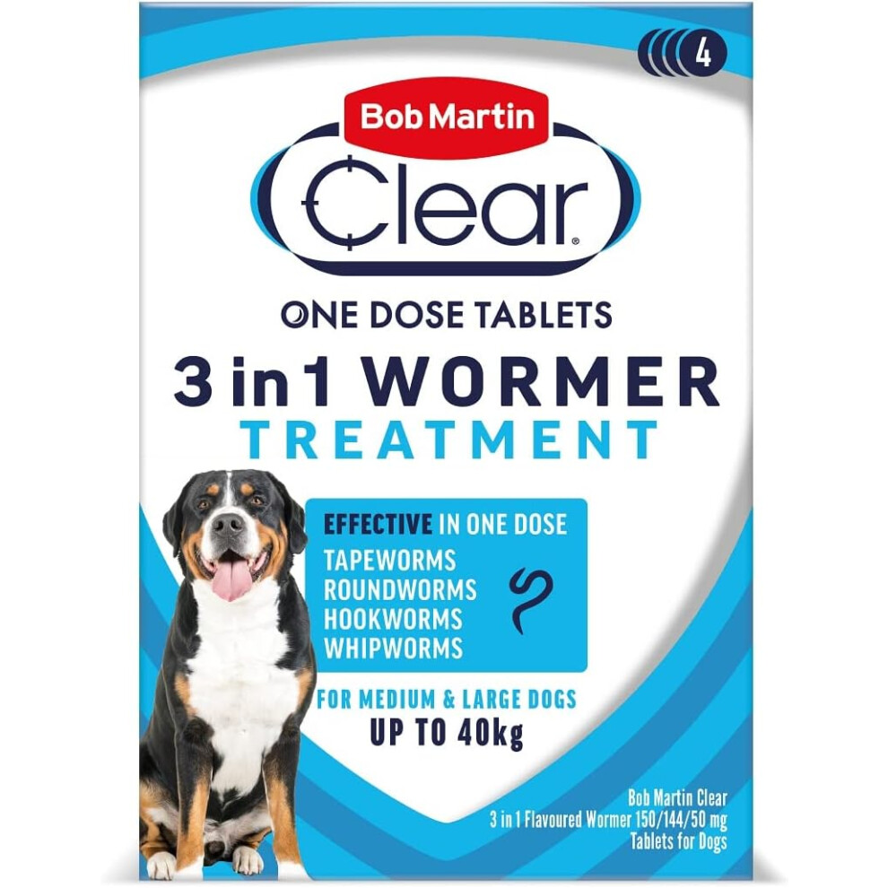 Bob Martin Clear 3-in-1 Wormer Dogs 4 Tablets Small, Medium &Large UK