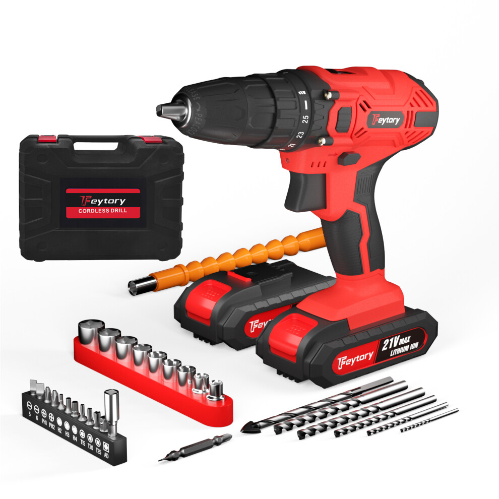 (2 Batteries Red) Cordless Drill Driver 21V with 29pcs Electric Screwdriver Set