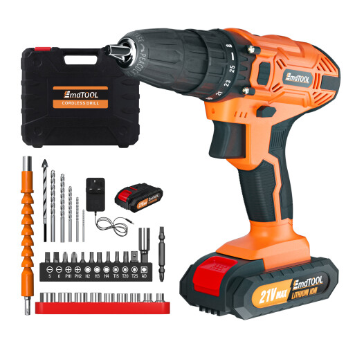 21V Cordless Combi Drill Set Electric Impact Driver Screwdriver, 1.5AH Battery&Fast Charger, Safety Lock 3/8