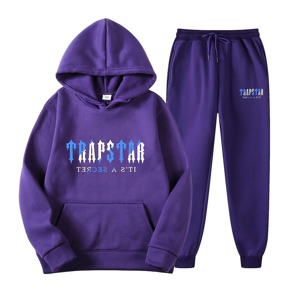 (Purple, M) Jogging Suit For Men And Women, Tracksuit With Trapstar Print, Unisex Sports Suit Set, 2 Piece Hoodie, Sports Trousers, Hoodie, Jogging Bottoms, Hoody