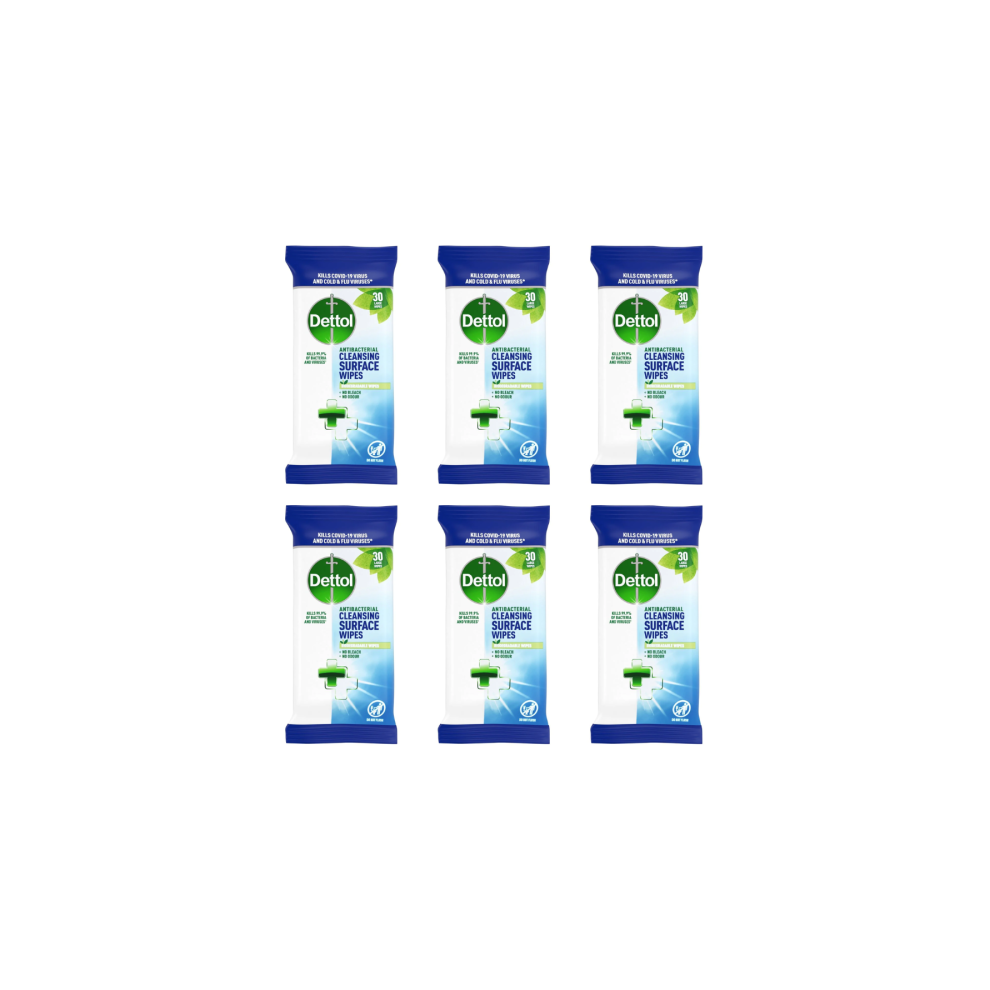 Dettol Anti - Bacterial Cleansing Surface, 30 Wipes - Pack of 6