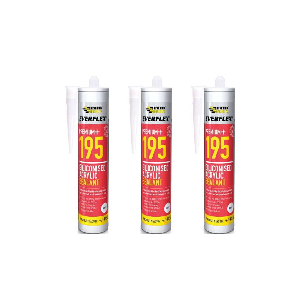 Everbuild Everflex 195 Premium+ Siliconised Acrylic Sealant, White 300 ml - Pack of 3