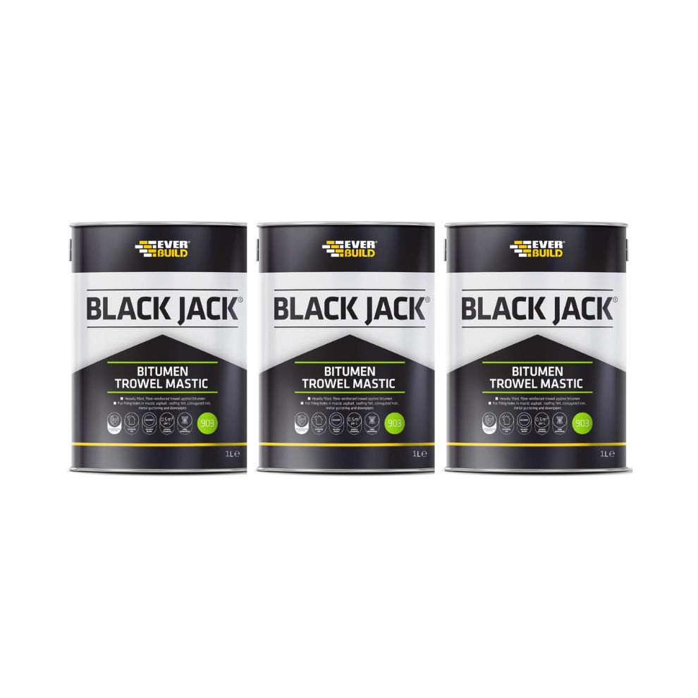 Everbuild Black Jack 903 Bitumen Trowel Mastic Trowellable Bituminous Black 1 Litre  486987 - Pack of 3