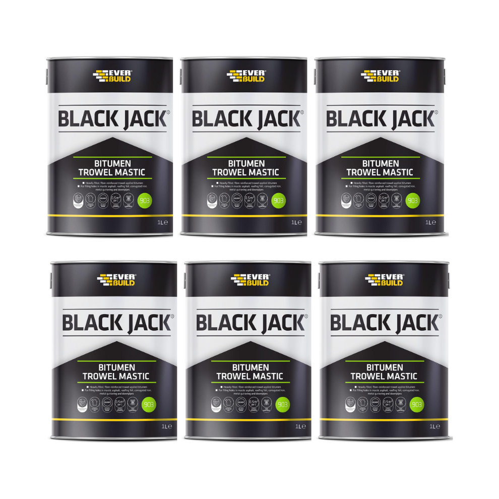 Everbuild Black Jack 903 Bitumen Trowel Mastic Trowellable Bituminous Black 1 Litre  486987 - Pack of 6