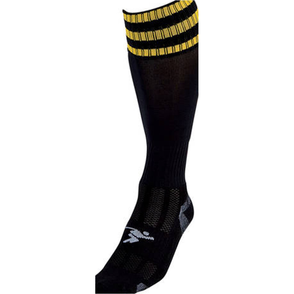 JUNIOR Size 3-6 Pro 3 Stripe Football Socks - BLACK/GOLD - Contoured Ankle