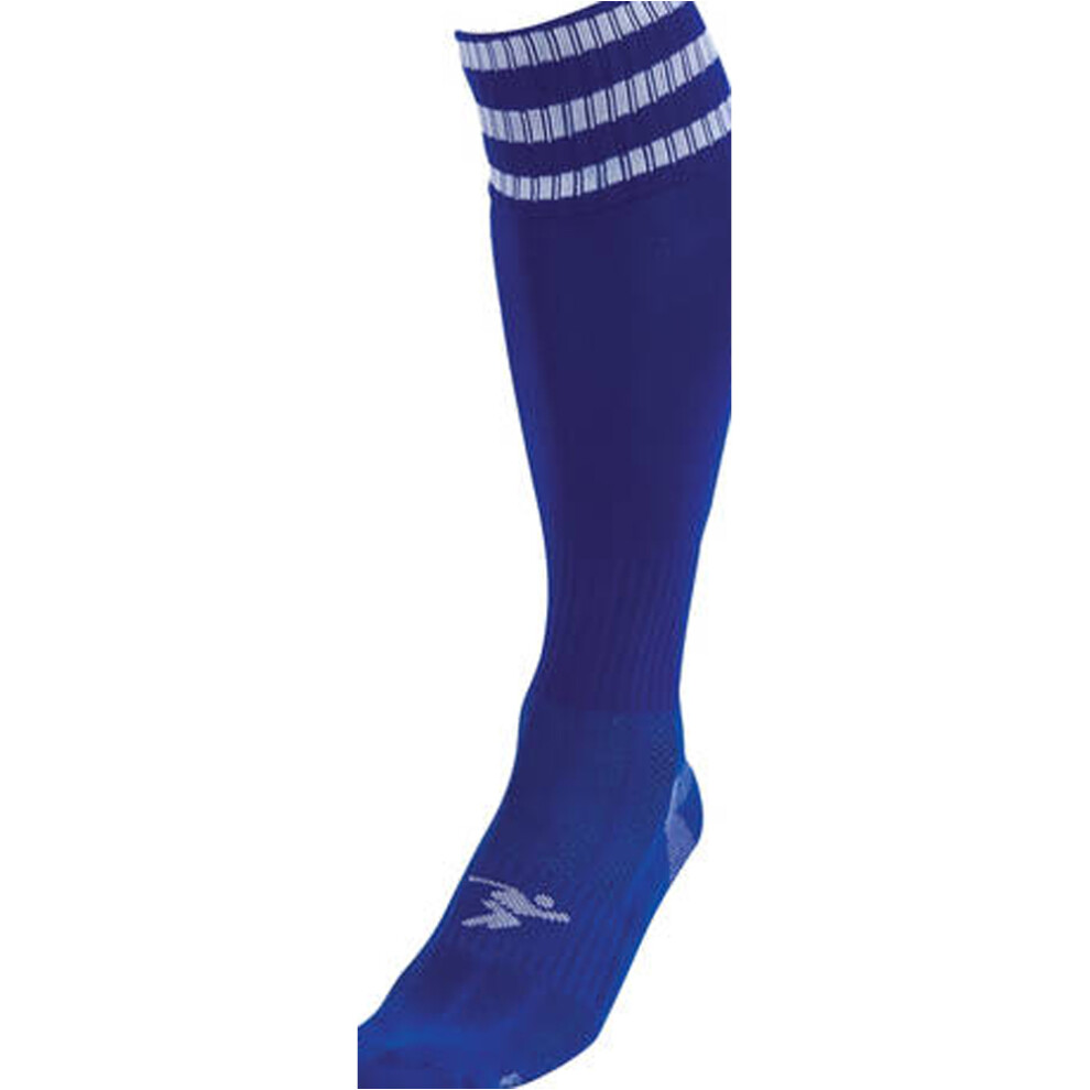JUNIOR Size 3-6 Pro 3 Stripe Football Socks - ROYAL BLUE/WHITE - Contoured Ankle-image-OPC-PDNS88N-NEW