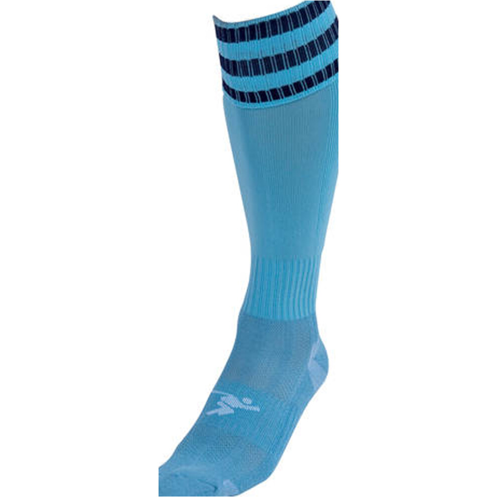 ADULT Size 7-11 Pro 3 Stripe Football Socks - SKY BLUE/NAVY - Contoured Ankle