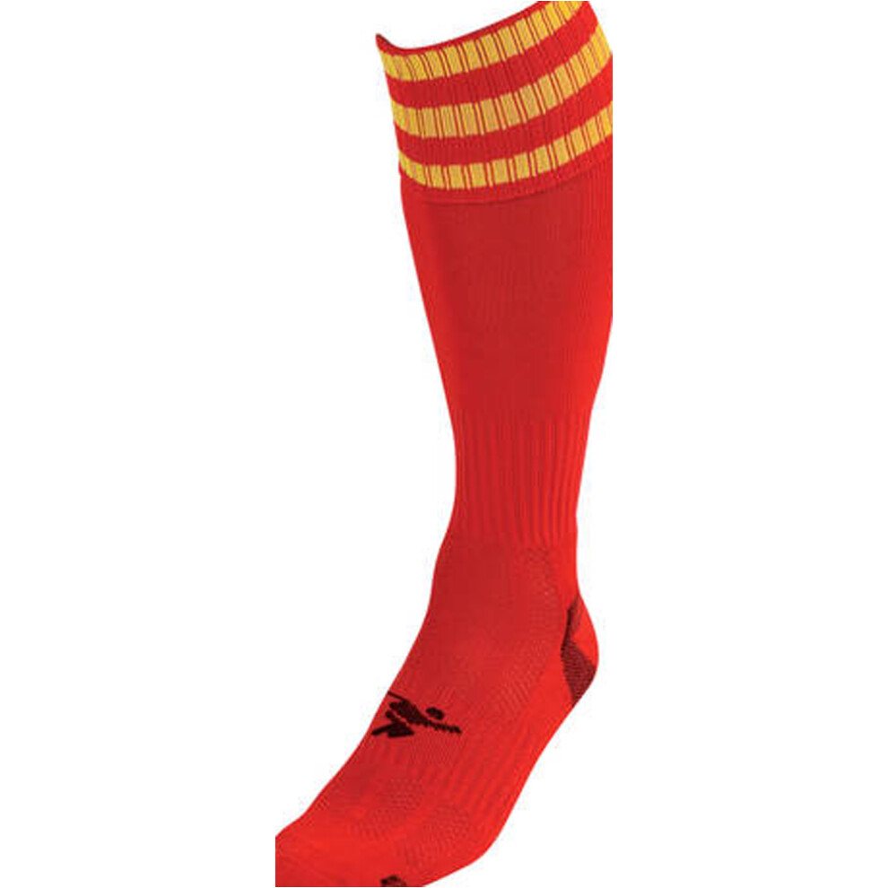 ADULT Size 7-11 Pro 3 Stripe Football Socks - RED/YELLOW - Contoured Ankle