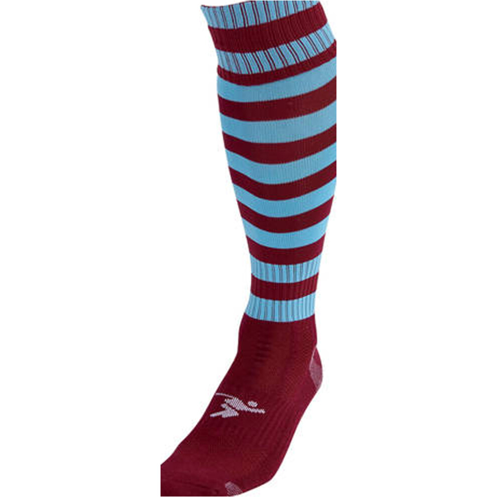 JUNIOR Size 3-6 Hooped Stripe Football Socks - MAROON/SKY BLUE - Contoured Ankle