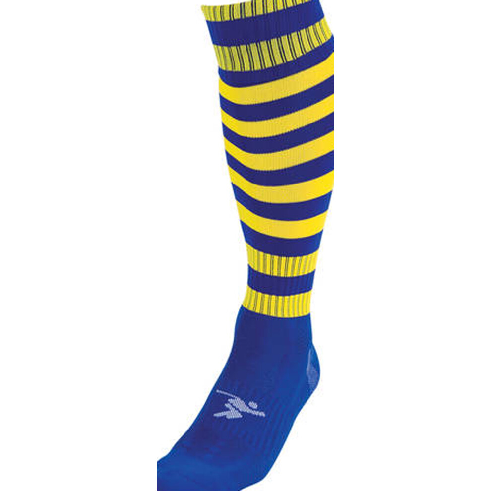 ADULT Size 7-11 Hooped Stripe Football Socks - ROYAL BLUE/YELLOW Contoured Ankle