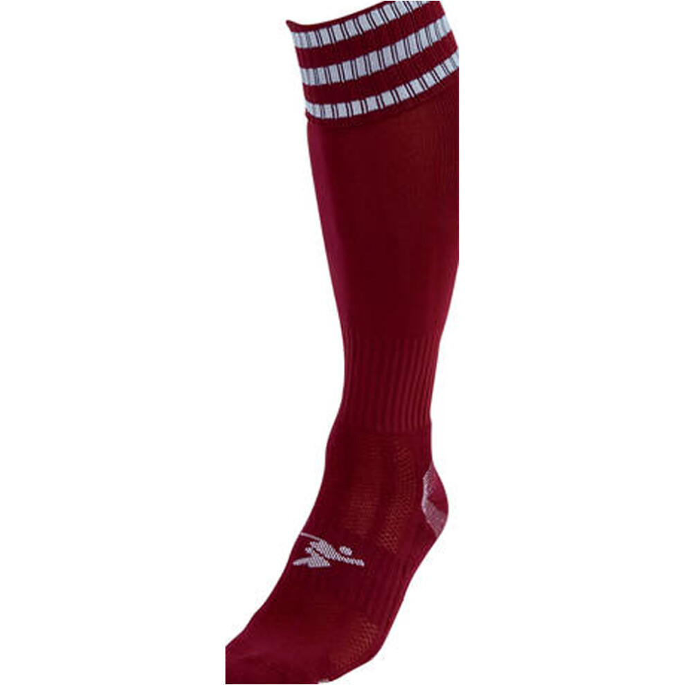 JUNIOR Size 12-2 Pro 3 Stripe Football Socks - MAROON/WHITE - Contoured Ankle