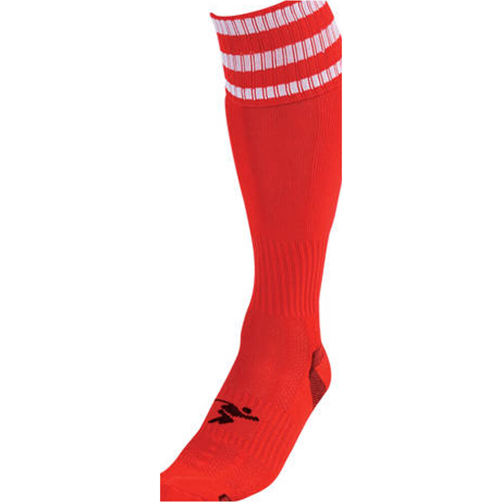 JUNIOR Size 12-2 Pro 3 Stripe Football Socks - RED/WHITE - Contoured Ankle