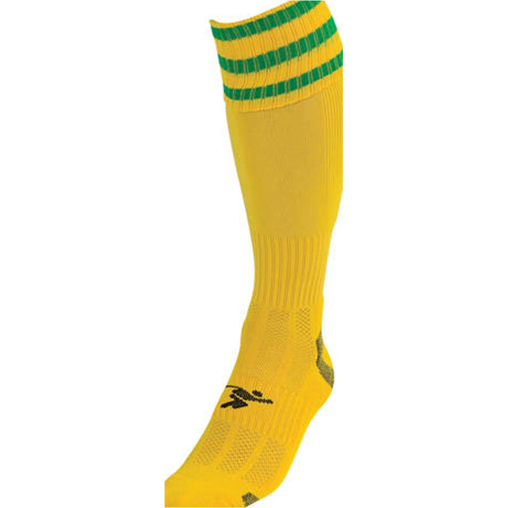 JUNIOR Size 12-2 Pro 3 Stripe Football Socks - YELLOW/GREEN - Contoured Ankle