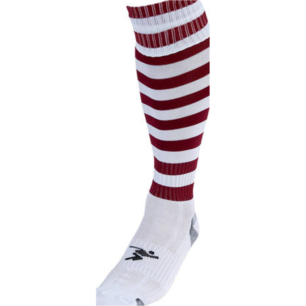 JUNIOR Size 12-2 Hooped Stripe Football Socks - WHITE/MAROON - Contoured Ankle