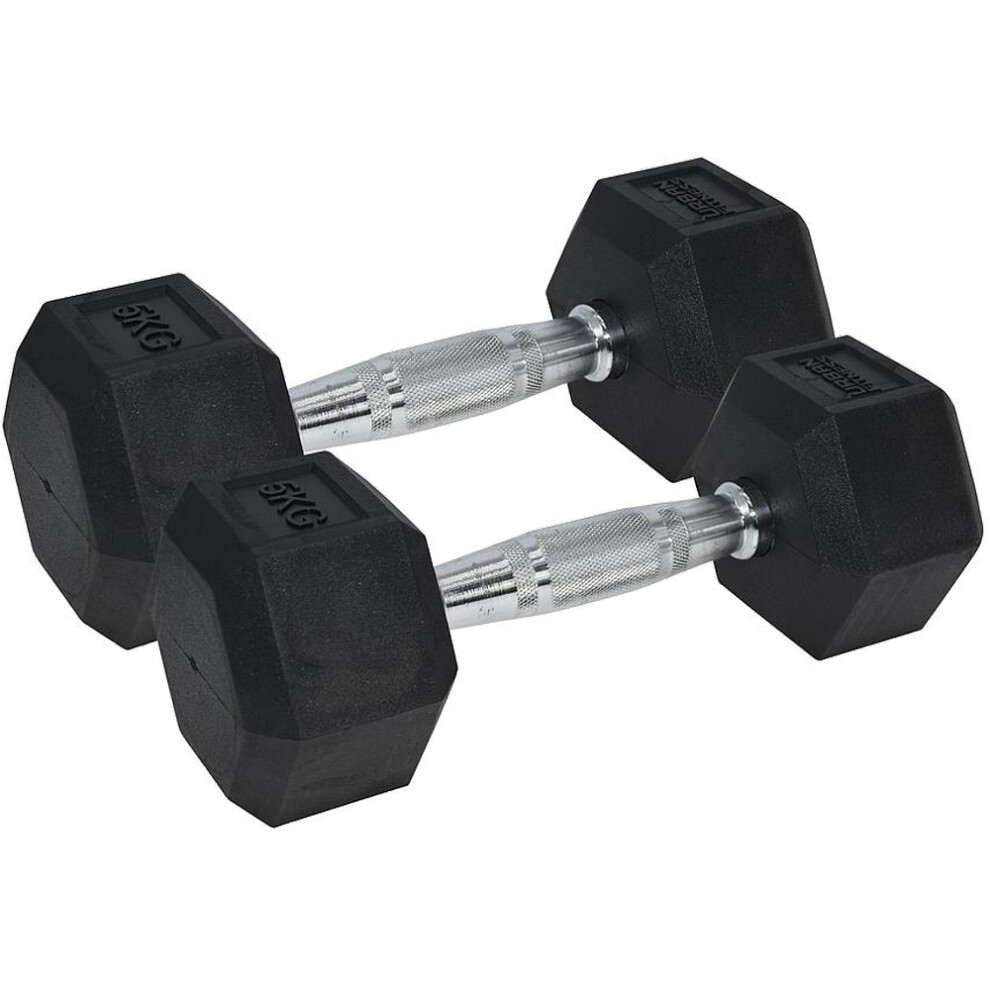 Pro Dumbbell Pair - 2x 5KG Rubber Coated Hex Dumb-Bells - Knurled Steel Handle