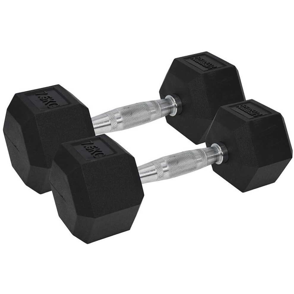 Pro Dumbbell Pair - 2x 7.5KG Rubber Coated Hex Dumb-Bells - Knurled Steel Handle