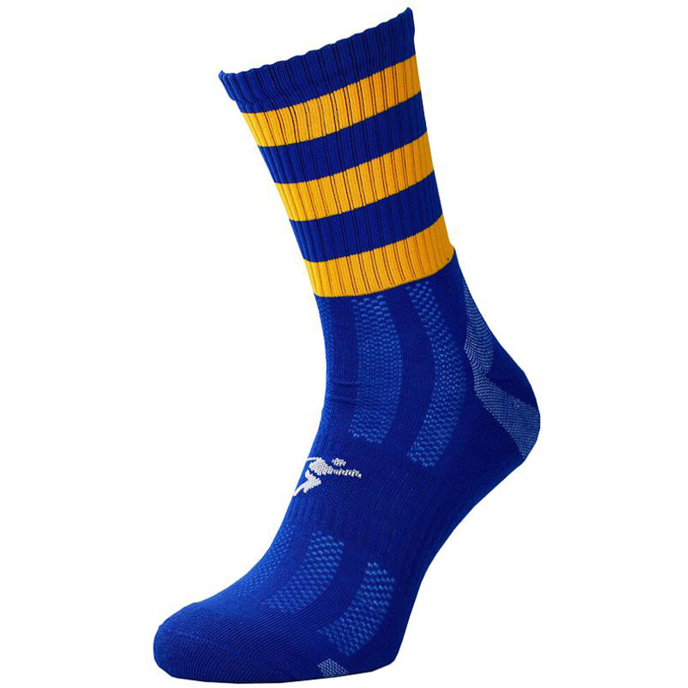 JUNIOR Size 3-6 Hooped Stripe Football Crew Socks ROYAL BLUE/AMBER Training