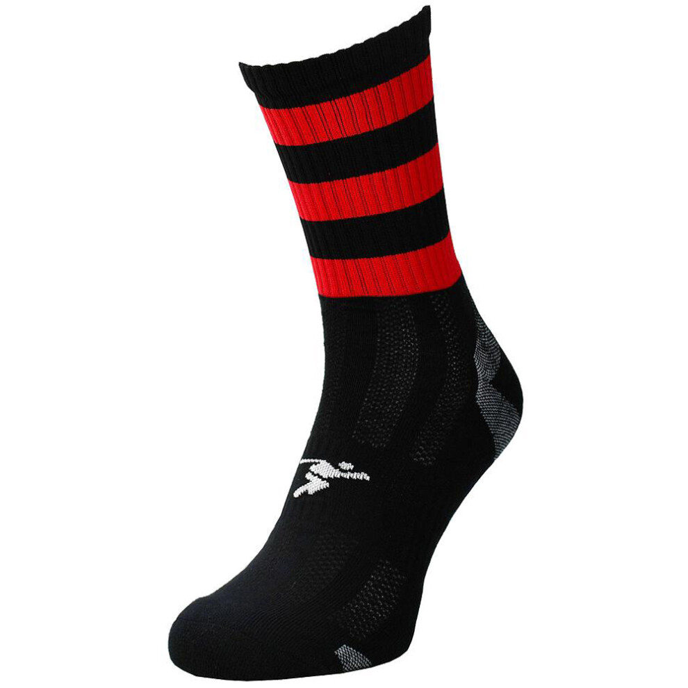 ADULT Size 7-11 Hooped Stripe Football Crew Socks BLACK/RED Training Ankle