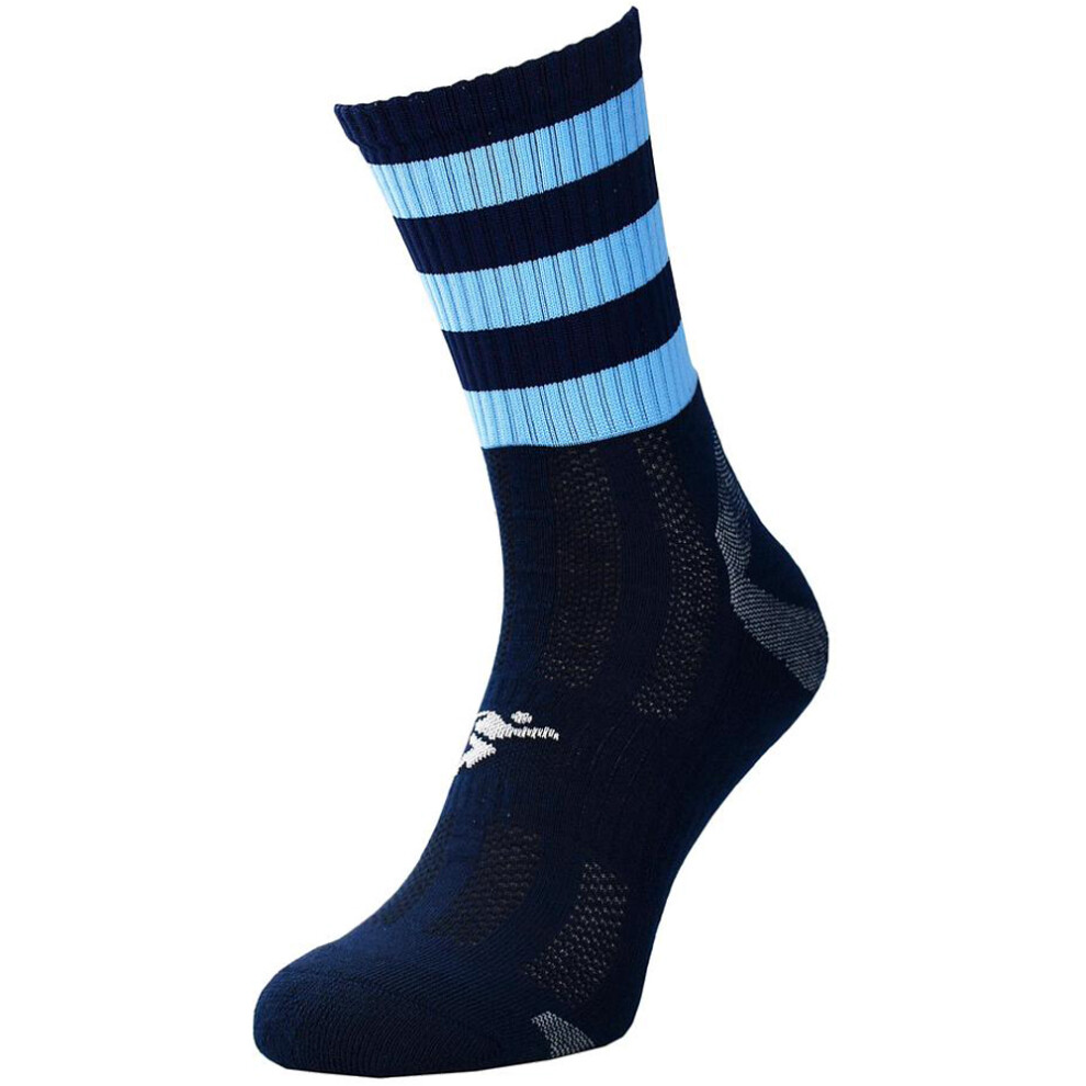 JUNIOR Size 12-2 Hooped Stripe Football Crew Socks NAVY/SKY BLUE Training Ankle