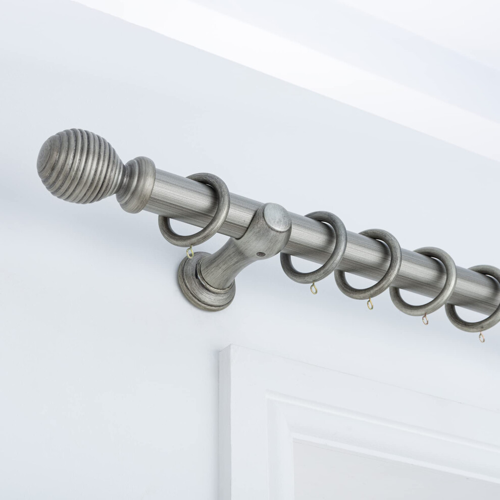 (Antique Silver, 120cm) A.Unique Home Ribbed Wooden Curtain Pole with Rings and Fittings, In a Variety of Colours and Sizes (35mm)